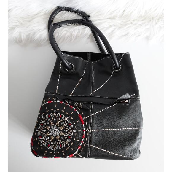 Bertoni 1949 Black Leather Emrbroidered Shoulder Bag Satchel Handbag Boho Artsy